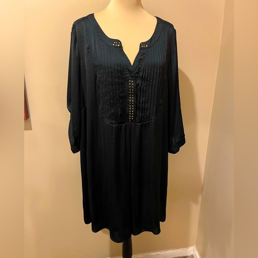 Ellos Women's Black Satin Pintuck Yoke Shift Dress, size L